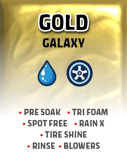 Space Spa Gold Galaxy car wash package – premium wash with pre soak, tri foam, Rain-X, tire shine, spot-free rinse, and blowers
